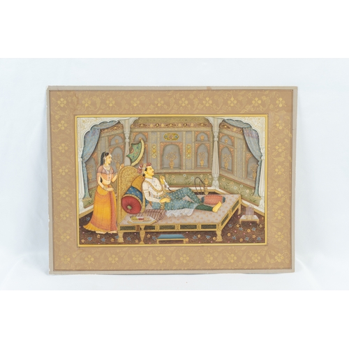 117 - THREE MUGHAL MINIATURES DEPICTING SCENES FROM DAILY LIVES OF NOBLES, EARLY 20TH CENTURY 
Two horizon... 