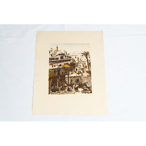 95 - A MULTICOLOURED STONE PRINT DEPICTING A MIDDLE EASTERN CITY, CHROMOLITHOGRAPHY BY E. KUHEN SIGN
Of v... 