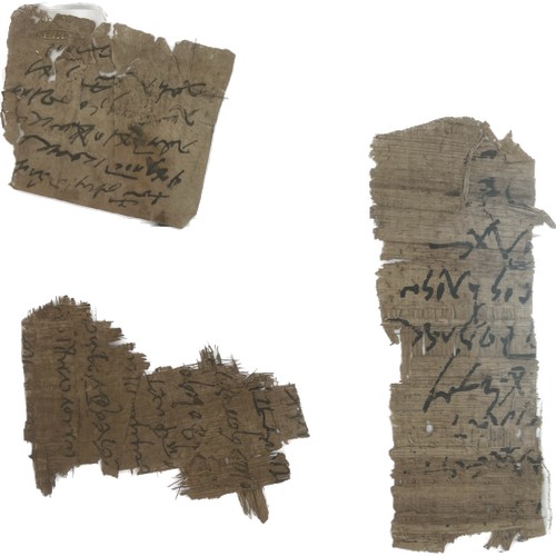 78 - THREE EGYPTIAN PAPYRUS FRAGMENTS 
A Lot of 3 Ancient Egyptian Coptic Papyrus Fragments with inscript... 