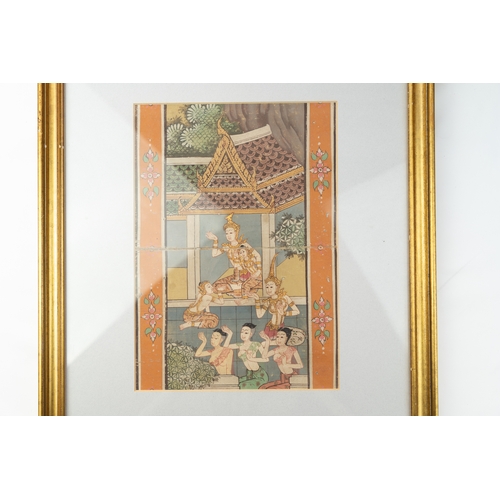 224 - THAI SCHOOL, BUDDHA WITH ATTENDANTS, 19TH CENTURY
Of vertical school, watercolour gouache and gildin... 