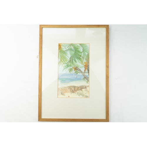 232 - A WATERCOLOUR PAINTING, A TROPICAL BEACH
Of vertical composition, the painting rendered in watercolo... 