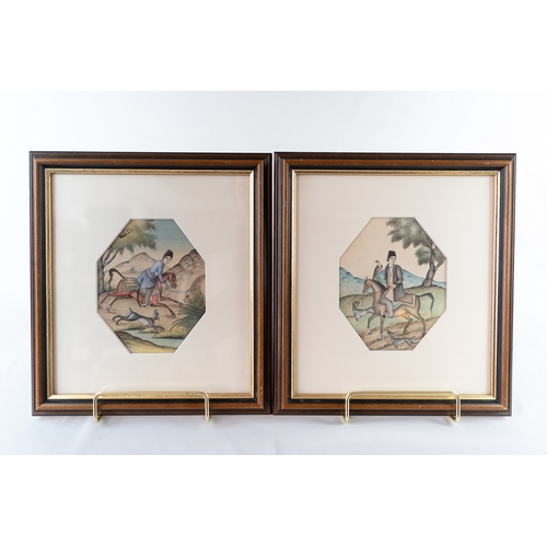 207 - TWO QAJAR STYLE HUNTING SCENES, PERSIA, 20TH CENTURY Watercolour on paper, the vertical composition ... 