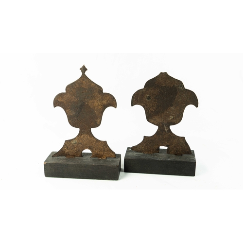 153 - A PAIR OF QAJAR DAMASCENED FINIAL, 19TH CENTURY, Originally forming part of an upper border around a... 