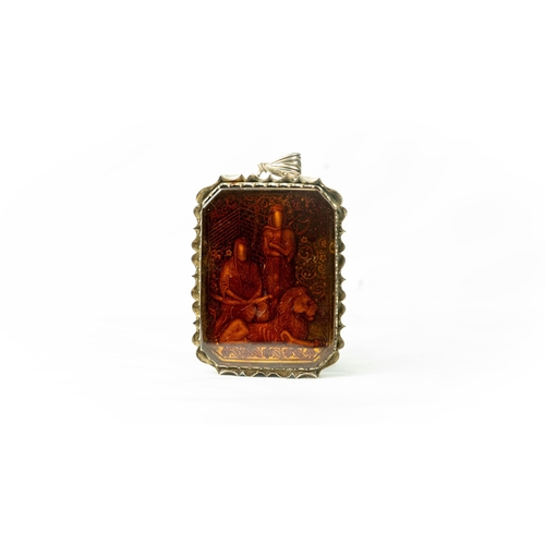 5 - A SILVER FRAMED CARNELIAN CARVED PENDANT IRAN, TAHRAN Of rectangular form, with a background depicti... 