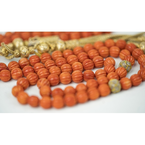 64 - CORAL PRAYER BEADS,18TH/19TH CENTURY, The tasbih strung  with 99  spherical  beads,gold and silver e... 