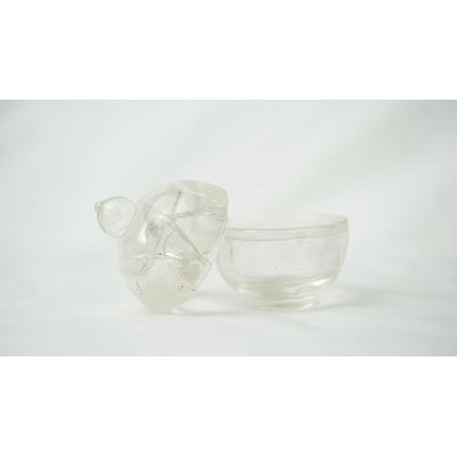 76 - ROCK CRYSTAL TINY BOWL WITH LID, Of rounded form, resting on a flat base, with a lid terminating wit... 