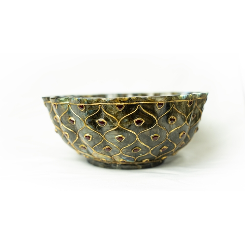 79 - A MUGHAL STYLE DARK GREEN JADE LOBBED BOWL EMBELLISHED WITH GOLD AND RUBIES, INDIA, 19TH CENTURY, Of... 