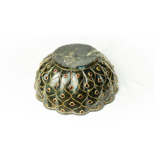 79 - A MUGHAL STYLE DARK GREEN JADE LOBBED BOWL EMBELLISHED WITH GOLD AND RUBIES, INDIA, 19TH CENTURY, Of... 