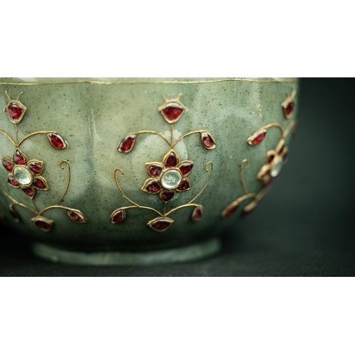 85 - A GEM SET MUGHAL LOBBED BOWL, Of round form, with lobed sides, resting on short foot, the exterior i... 