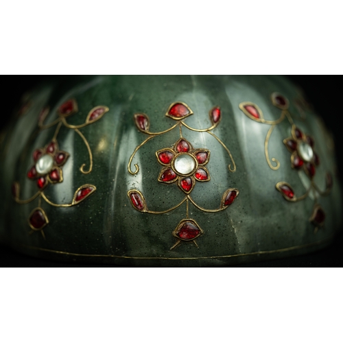 85 - A GEM SET MUGHAL LOBBED BOWL, Of round form, with lobed sides, resting on short foot, the exterior i... 