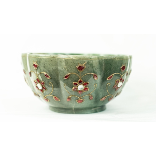 85 - A GEM SET MUGHAL LOBBED BOWL, Of round form, with lobed sides, resting on short foot, the exterior i... 