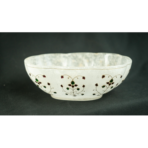 88 - A GEM SET MUGHAL BOWL, Of hemispherical form on short foot, the exterior decorated with floral spray... 