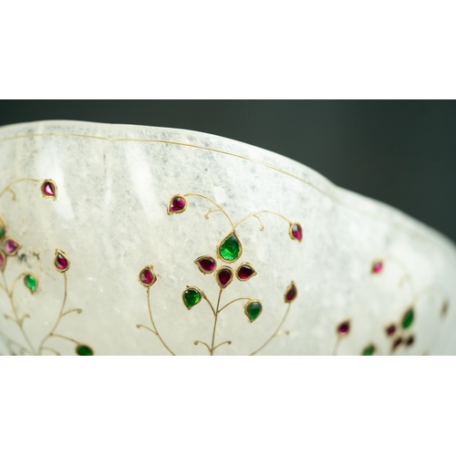 88 - A GEM SET MUGHAL BOWL, Of hemispherical form on short foot, the exterior decorated with floral spray... 