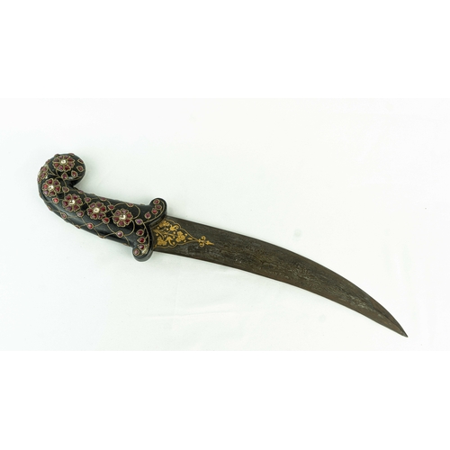 92 - A GEM SET JADE-HILTED DARK GREEN DAGGER(KHANJAR) MUGHAL STYLE, INDIA 19TH CENTURY, The grip handle o... 