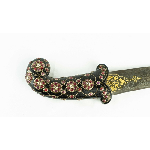 92 - A GEM SET JADE-HILTED DARK GREEN DAGGER(KHANJAR) MUGHAL STYLE, INDIA 19TH CENTURY, The grip handle o... 