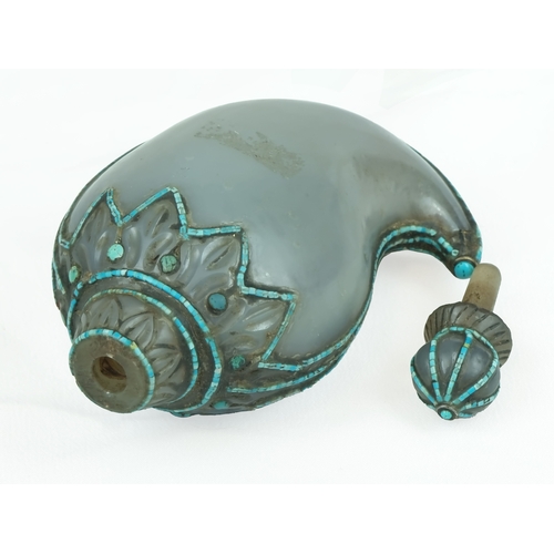 95 - MANGO SHAPE GRAY JADE GUN POWDER FLASK, Of mango shape, neck and edges inset with tiny mosaic turquo... 