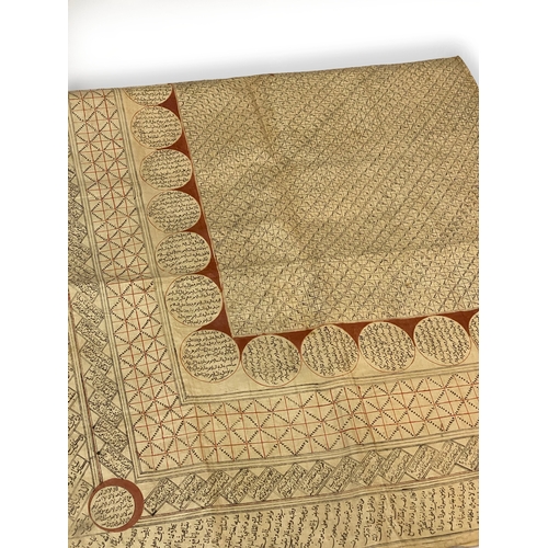 181 - A TALISMANIC CHART, OTTOMAN, 19TH CENTURY, Ink on polished cloth, the central chequered field with s... 