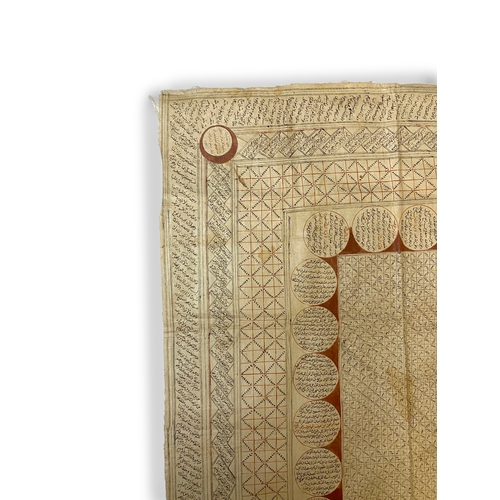 181 - A TALISMANIC CHART, OTTOMAN, 19TH CENTURY, Ink on polished cloth, the central chequered field with s... 