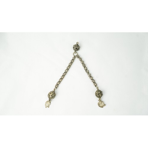 147 - SILVER FRINGE, Two silver chains linked to the three mace heads, with pendulous four leafy finials, ... 