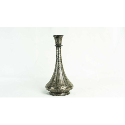 116 - SILVER IN-LAID BIDRI BOTTLE 19TH CENTURY DECCAN, INDIA, Pear-shaped body, on short foot with flaring... 