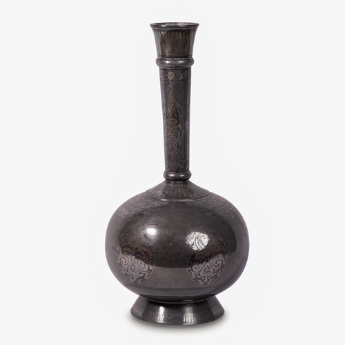 117 - AN INDIAN BIDRI BOTTLE, HYDERABAD INDIA, 19TH CENTURY, Of bulbous shape, standing on a short splayed... 