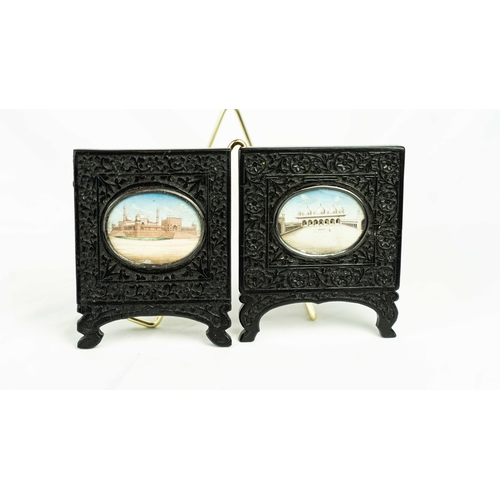 133 - A PAIR OF MUGHAL PAINTINGS IN EBONY FRAMES, 19th CENTURY, INDIA, Each of square form, a pair of ebon... 