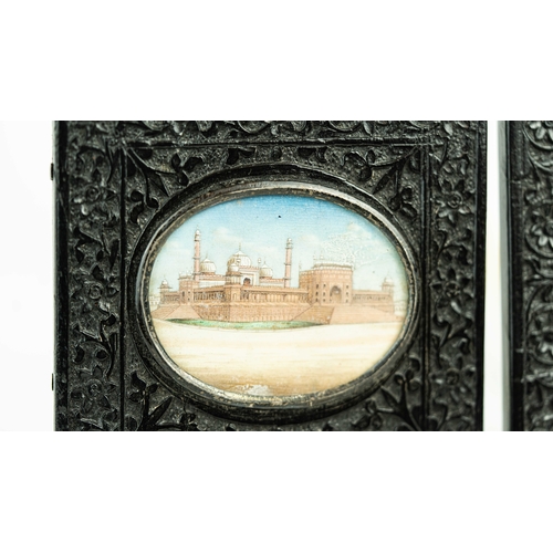 133 - A PAIR OF MUGHAL PAINTINGS IN EBONY FRAMES, 19th CENTURY, INDIA, Each of square form, a pair of ebon... 