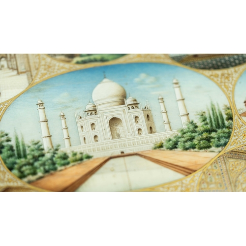 135 - A MUGHAL GOUACHE PAINTING DEPICTING TAJ MAHAL AND 16 LANDMARKS OF INDIA, INDIAN SCHOOL, 19TH CENTURY... 