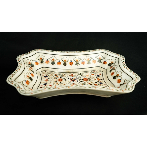 14 - A FINE INDIAN INLAID MARBLE TRAY, Of inwardly rectangular form, floral-adorned interior base;, frami... 