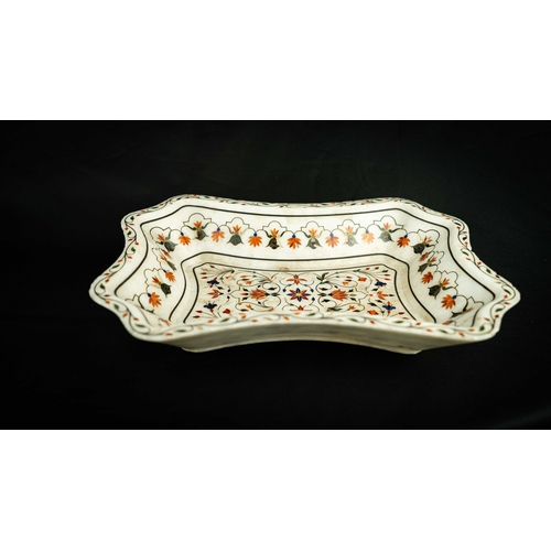 14 - A FINE INDIAN INLAID MARBLE TRAY, Of inwardly rectangular form, floral-adorned interior base;, frami... 