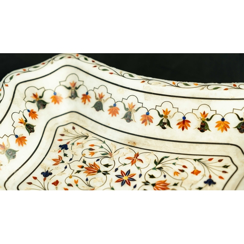 14 - A FINE INDIAN INLAID MARBLE TRAY, Of inwardly rectangular form, floral-adorned interior base;, frami... 