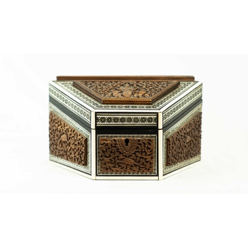 21 - INDIAN CARVED WOOD & INLAID BONE & EBONY LIDDED BOX, INDIA, 19th CENTURY, A lovely Indian carved Pad... 