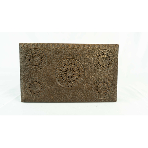 24 - AN INTRICATELY CARVED BOX, INDIA, Of rectangular form, resting on flat base, surmounted by a hinged ... 