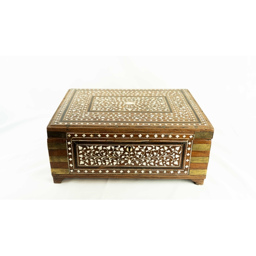 25 - AN ANGLO-INDIAN BONE INLAID EBONY CALLIGRAPHY BOX, INDIA, 19TH CENTURY, Of rectangular form, the ext... 