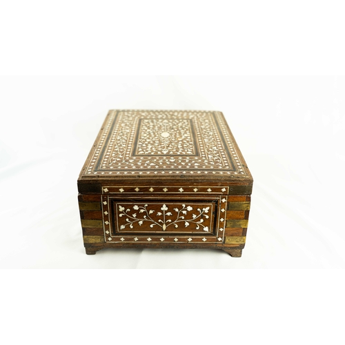 25 - AN ANGLO-INDIAN BONE INLAID EBONY CALLIGRAPHY BOX, INDIA, 19TH CENTURY, Of rectangular form, the ext... 