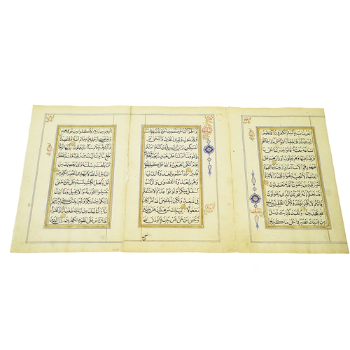 44 - THREE FOLIOS FROM THE SAME QURAN, INDIA, SULTANATE, 19TH CENTURY, Arabic manuscript on polished pape... 