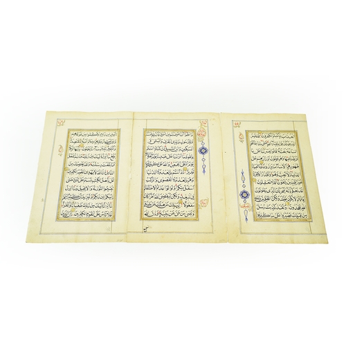 44 - THREE FOLIOS FROM THE SAME QURAN, INDIA, SULTANATE, 19TH CENTURY, Arabic manuscript on polished pape... 