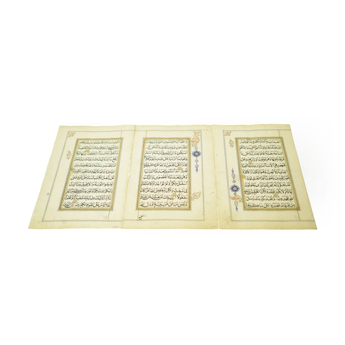 44 - THREE FOLIOS FROM THE SAME QURAN, INDIA, SULTANATE, 19TH CENTURY, Arabic manuscript on polished pape... 