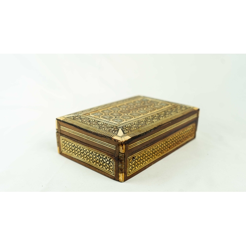 45 - MOTHER OF PEARL AND WOOD INLAID MARQUETRY BOX, Of rectangular form, the exterior with micro mosaic m... 