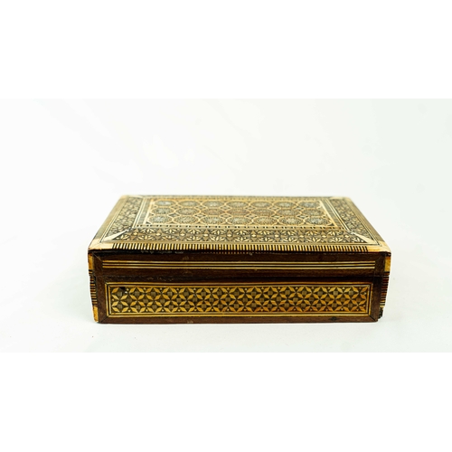 45 - MOTHER OF PEARL AND WOOD INLAID MARQUETRY BOX, Of rectangular form, the exterior with micro mosaic m... 