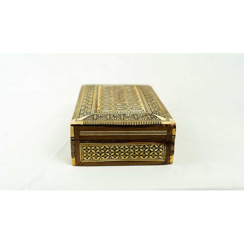 45 - MOTHER OF PEARL AND WOOD INLAID MARQUETRY BOX, Of rectangular form, the exterior with micro mosaic m... 