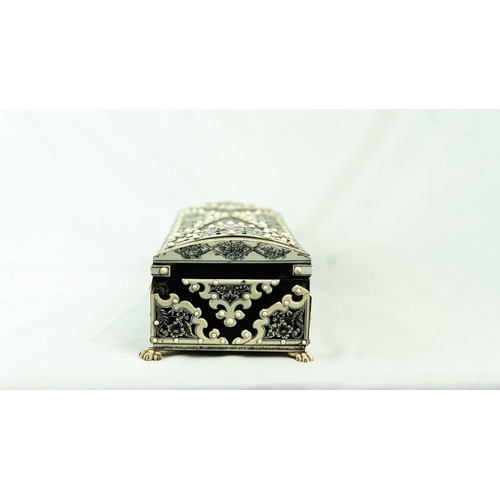 50 - AN ANGLO-INDIAN BONE INLAID BOX, Of rectangular form, resting on bone paw feet, the exterior decorat... 