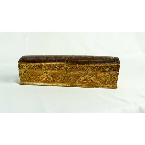 55 - LARGE KASHMIRI PAPIER M CHÉ BOX, Of rectangular form, with convex lid, painted with profusely scroll... 