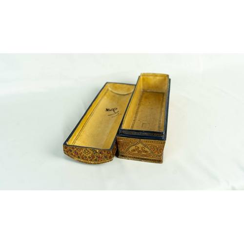 55 - LARGE KASHMIRI PAPIER M CHÉ BOX, Of rectangular form, with convex lid, painted with profusely scroll... 