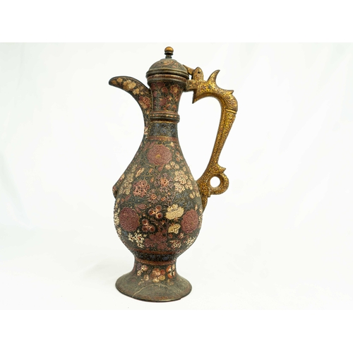 57 - A LOVELY KASHMIRI PAPIER MACHE EWER WITH LID, Of typical bulbous form, resting on a tall splayed foo... 