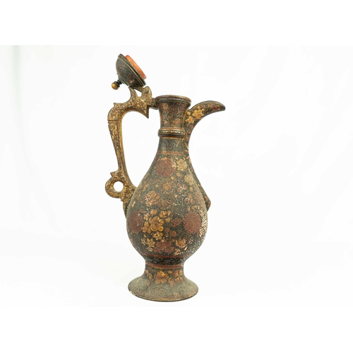 57 - A LOVELY KASHMIRI PAPIER MACHE EWER WITH LID, Of typical bulbous form, resting on a tall splayed foo... 