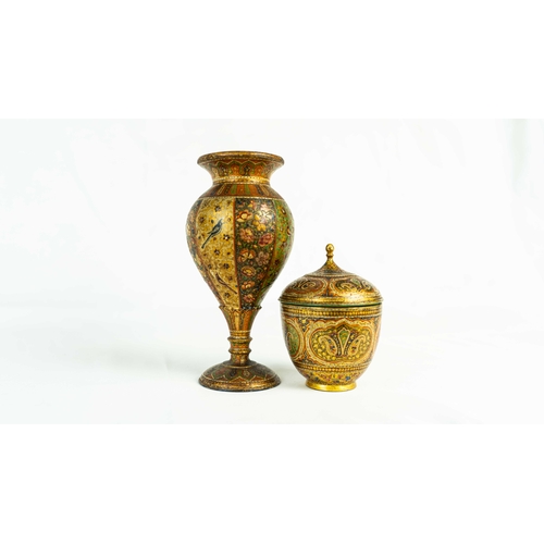 59 - A KASHMIRI PAPIER MACHE VASE AND A BOWL, The vase of baluster form upon a spreading circular foot, w... 