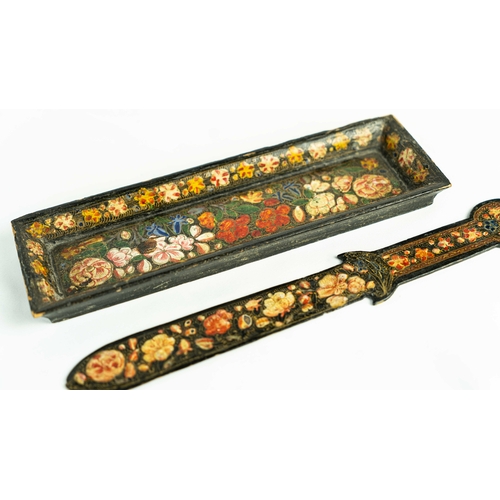 60 - A KASHMIRI PAPIER MACHE STATIONARY SET OF TWO, Of rectangular form, the polychrome-painted and lacqu... 