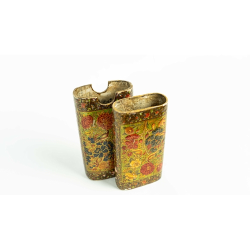 61 - A KASHMIRI PAPIER-MACHE CIGAR CASE, 19TH CENTURY, Of typical shape, polychrome-painted, gilt and lac... 