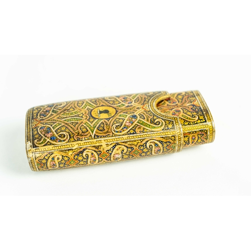 62 - A KASHMIRI PAPIER-MACHE CIGAR CASE, INDIA, 19th Century, Of typical shape, polychrome-painted, gilt ... 